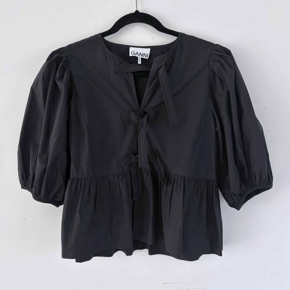 Ganni Cotton Poplin Peplum Tie Blouse in Black